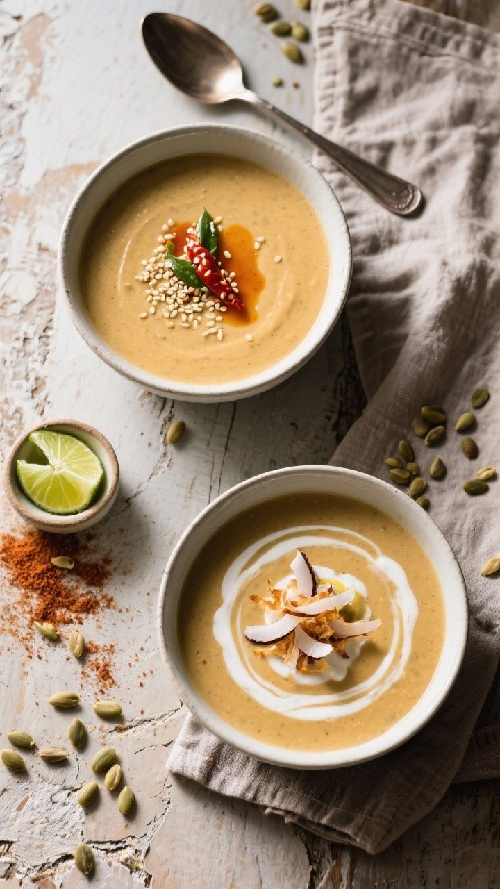 Tasty for variety: Overhead shot of two bowls of the finished soup on a rustic tabletop, showing the