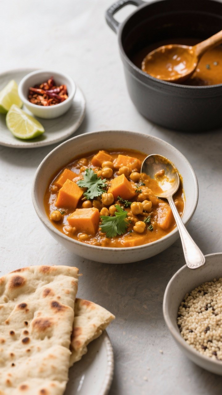 Tasty top-down spread: Overhead shot of a cozy weeknight curry scene—central bowl of butternut squ