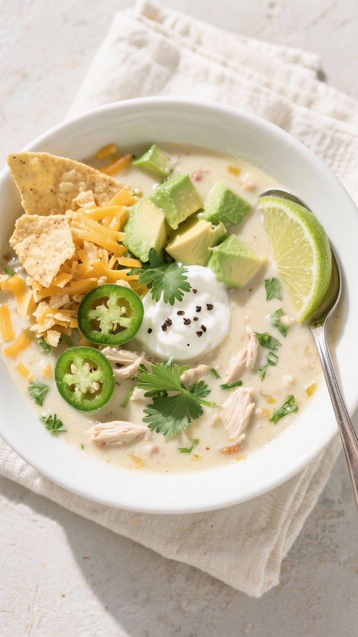 Tasty top view, final dish: Overhead shot of a wide, shallow white bowl of White Chicken Chili with 