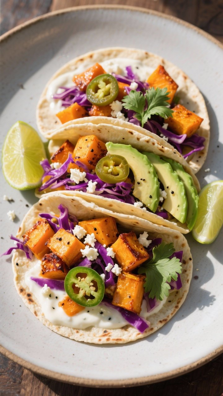 Tasty top view final dish: Overhead shot of assembled spicy butternut squash tacos on a matte cerami