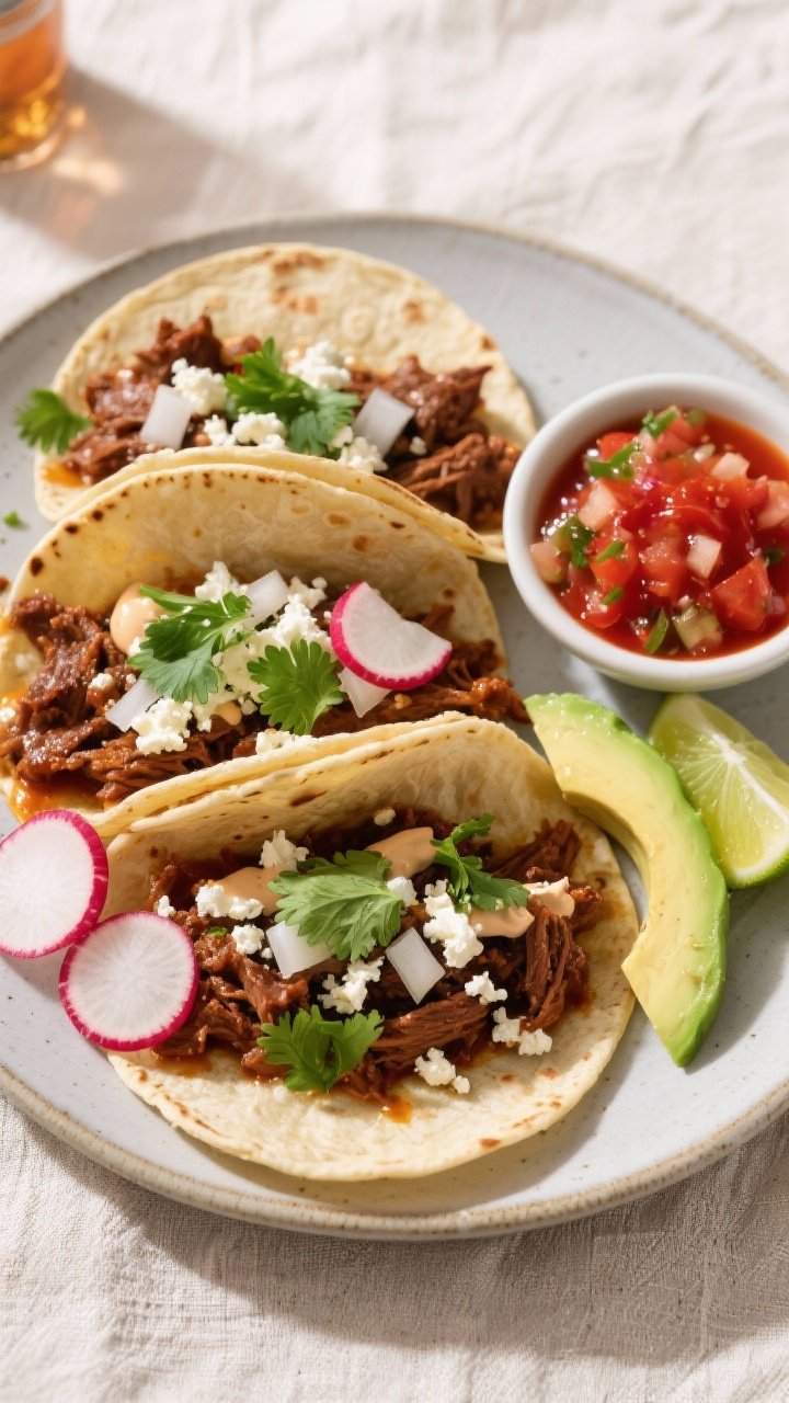 Tasty top view, final presentation: Overhead shot of assembled slow cooker beef tacos on a matte cer