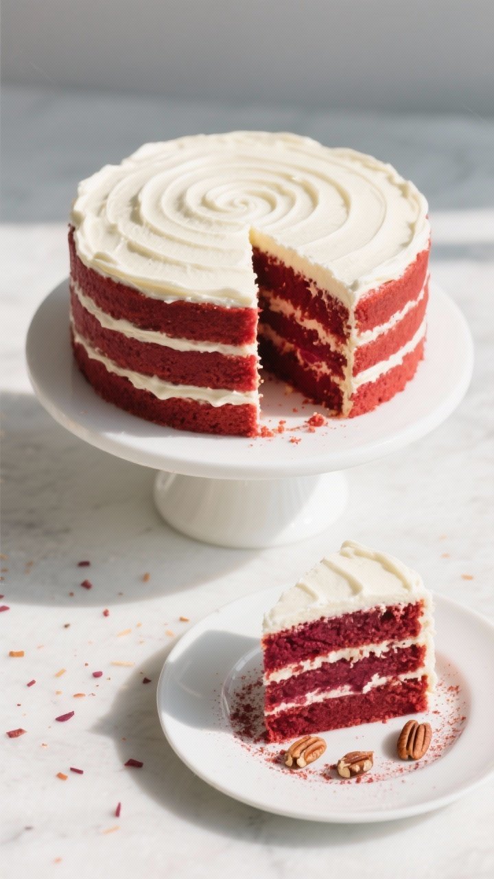 Tasty top view (final presentation): Overhead shot of a fully frosted keto red velvet layer cake on 