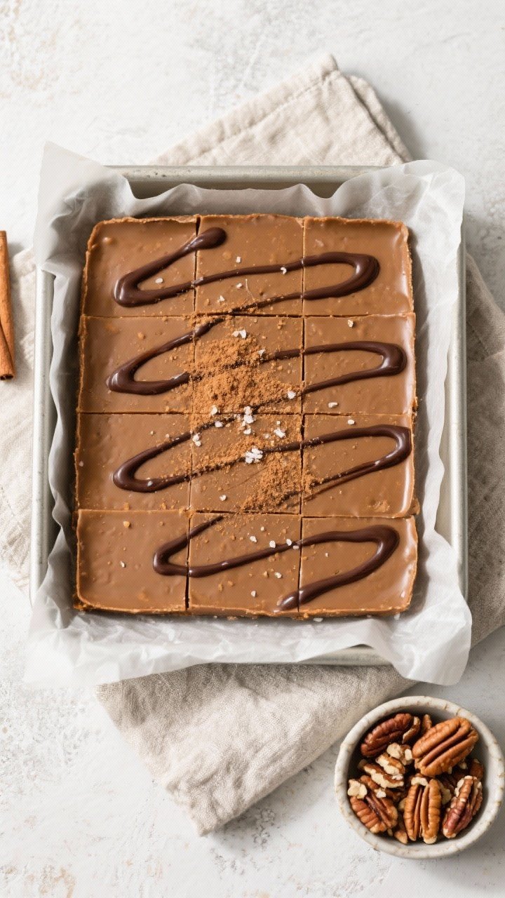 Tasty top view, overhead: An 8x8 parchment-lined pan of fully set keto sugar-free gingerbread fudge,
