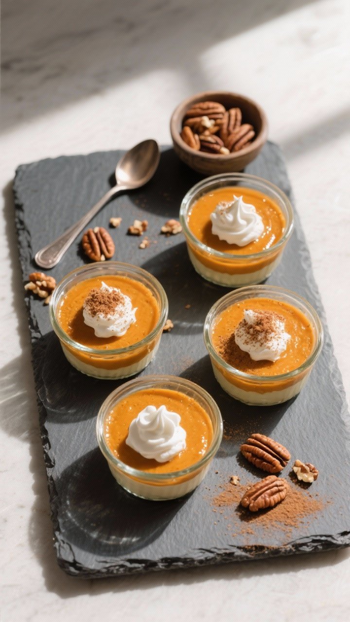 Tasty top view, overhead: Four chilled keto pumpkin puddings portioned into small glass ramekins on