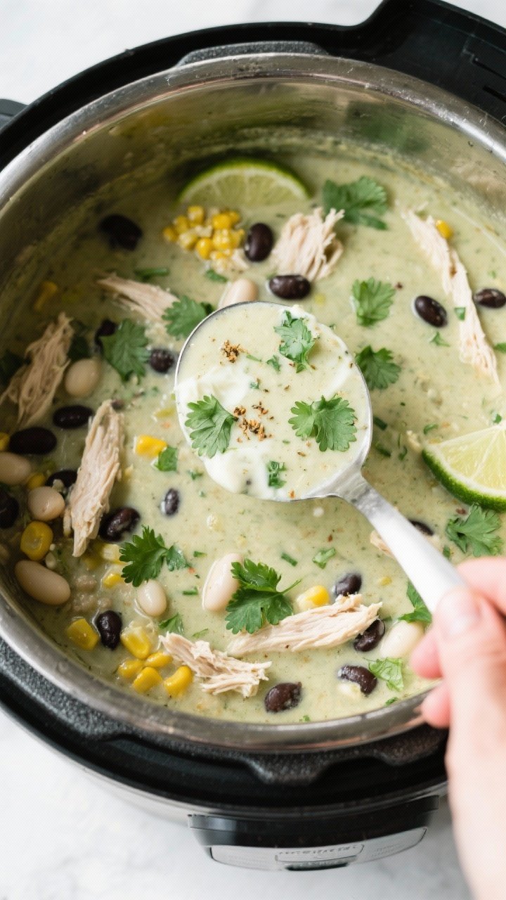 Tasty top view, overhead: Overhead shot of a ladle hovering over the Instant Pot filled with finishe