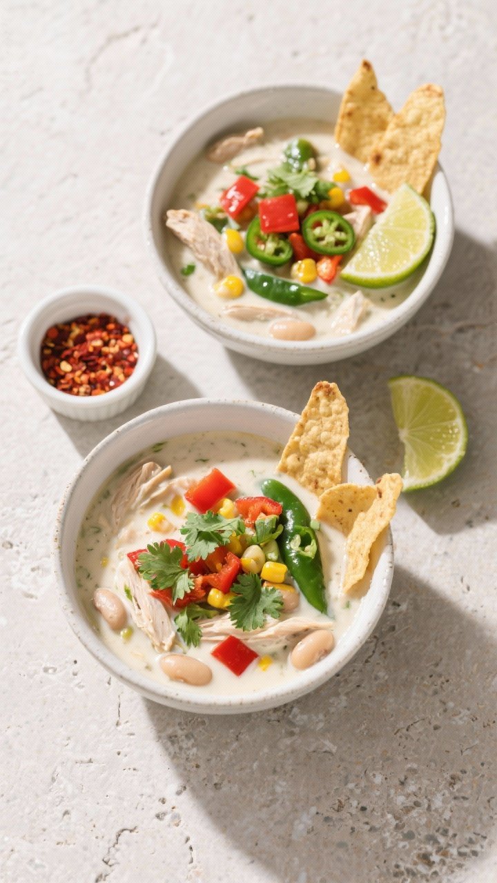 Tasty top view, overhead: Overhead shot of two bowls of white chicken chili on a neutral stone surfa
