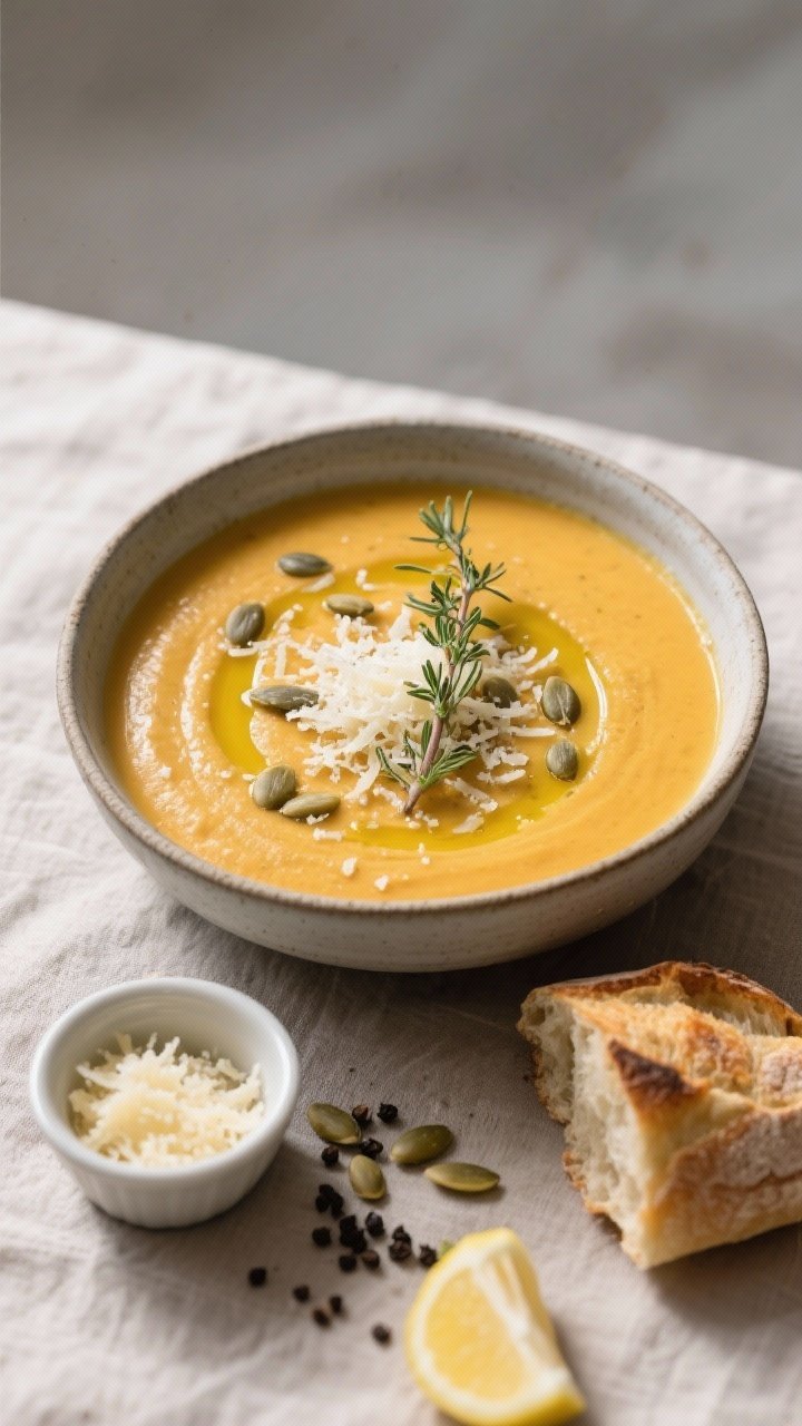 Tasty top view: Overhead shot of a bowl of Creamy Parmesan and Butternut Squash Soup finished and ga