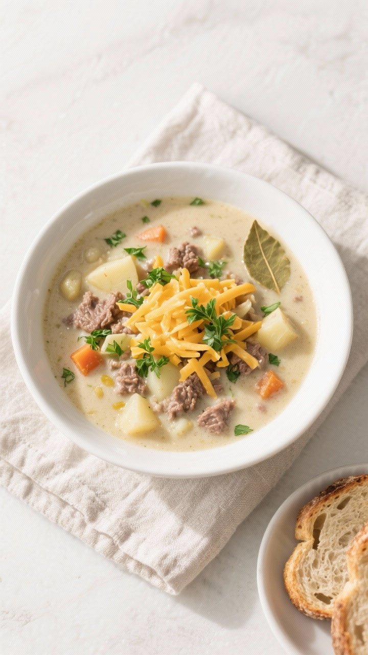 Tasty top view: Overhead shot of a bowl of gluten-free hamburger potato soup garnished with freshly 