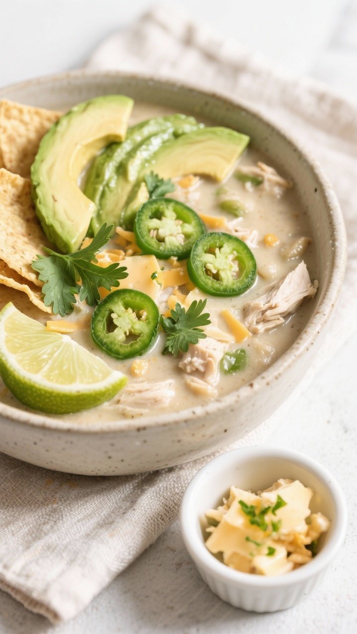 Tasty top view: Overhead shot of a bowl of healthy white chicken chili, thick and hearty, topped wit