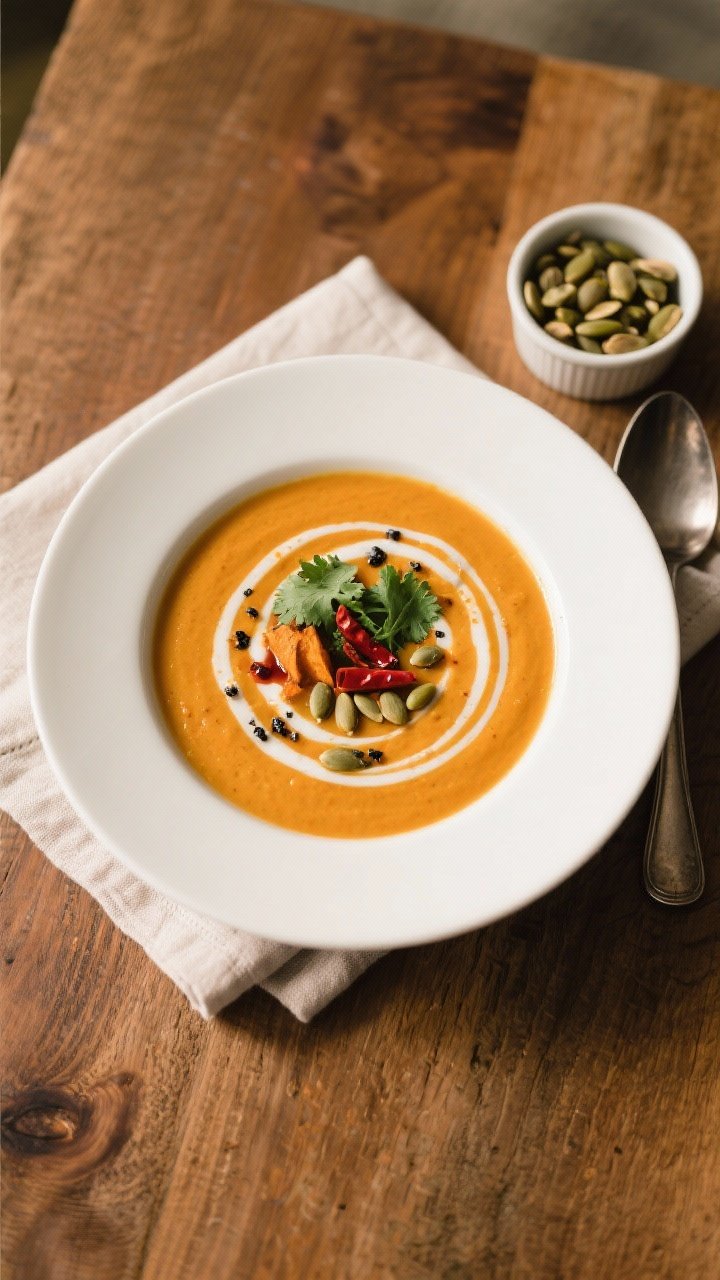 Tasty top view: Overhead shot of a bowl of roasted sweet potato soup finished with a tight spiral of