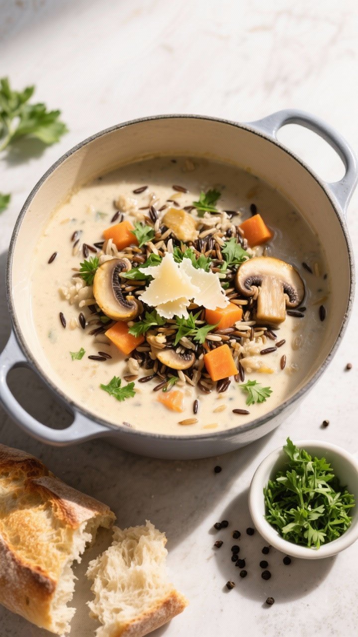 Tasty top view: Overhead shot of a Dutch oven filled with finished creamy wild rice and mushroom sou
