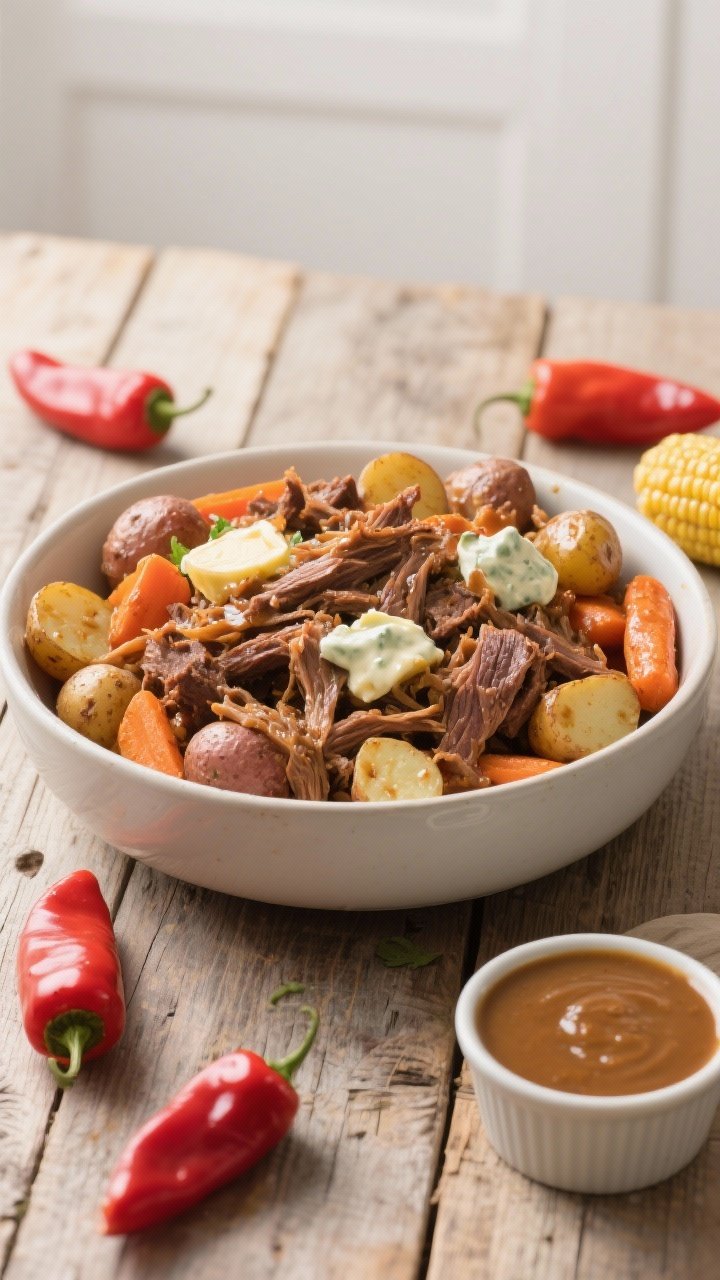 Tasty top view: Overhead shot of a family-style serving bowl filled with shredded Mississippi pot ro