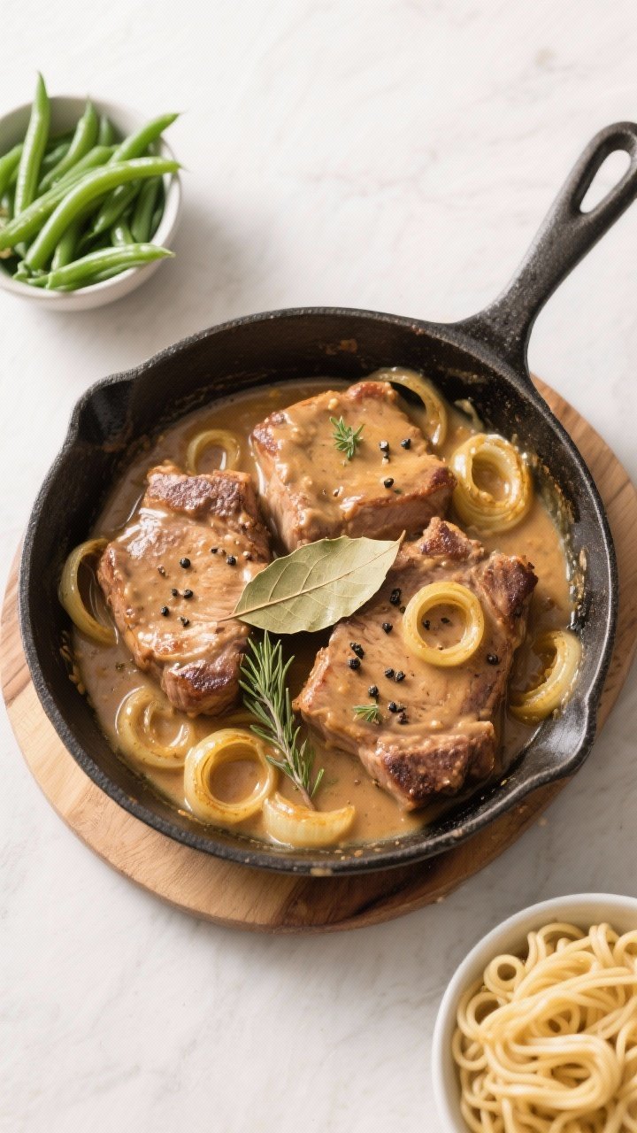 Tasty top view: Overhead shot of a family-style skillet of smothered pork chops finished and ready t