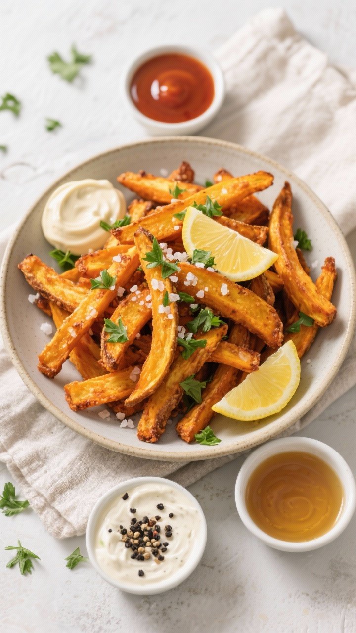 Tasty top view: Overhead shot of a final platter of Crispy Butternut Squash Fries, piled high in a w