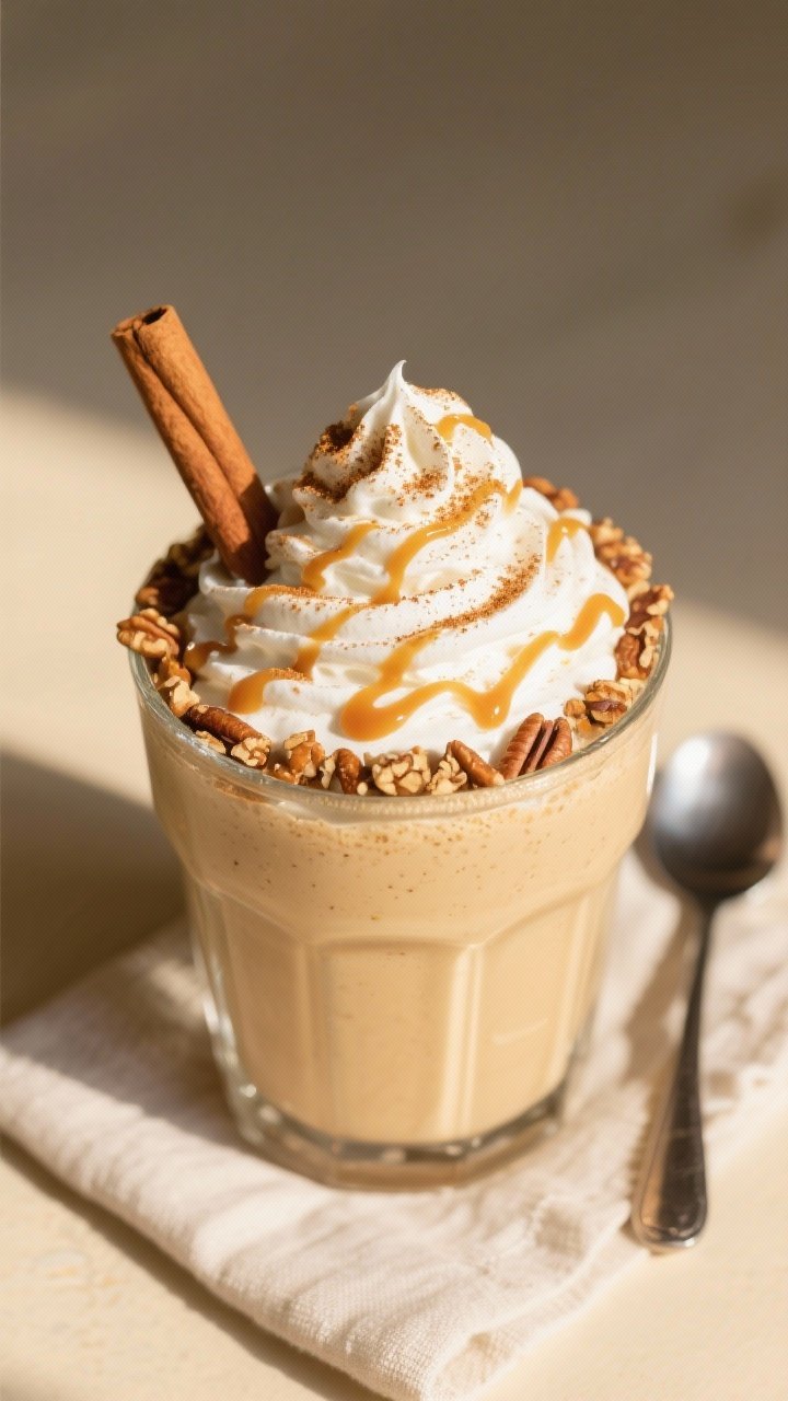 Tasty top view: Overhead shot of a freshly poured Keto Pumpkin Pie Milkshake in a chilled clear glas