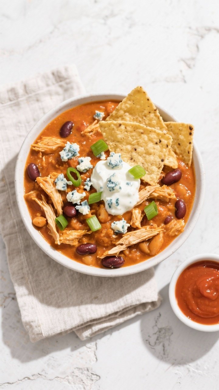 Tasty top view: Overhead shot of a hearty bowl of Buffalo Chicken Chili with a rich, creamy orange h