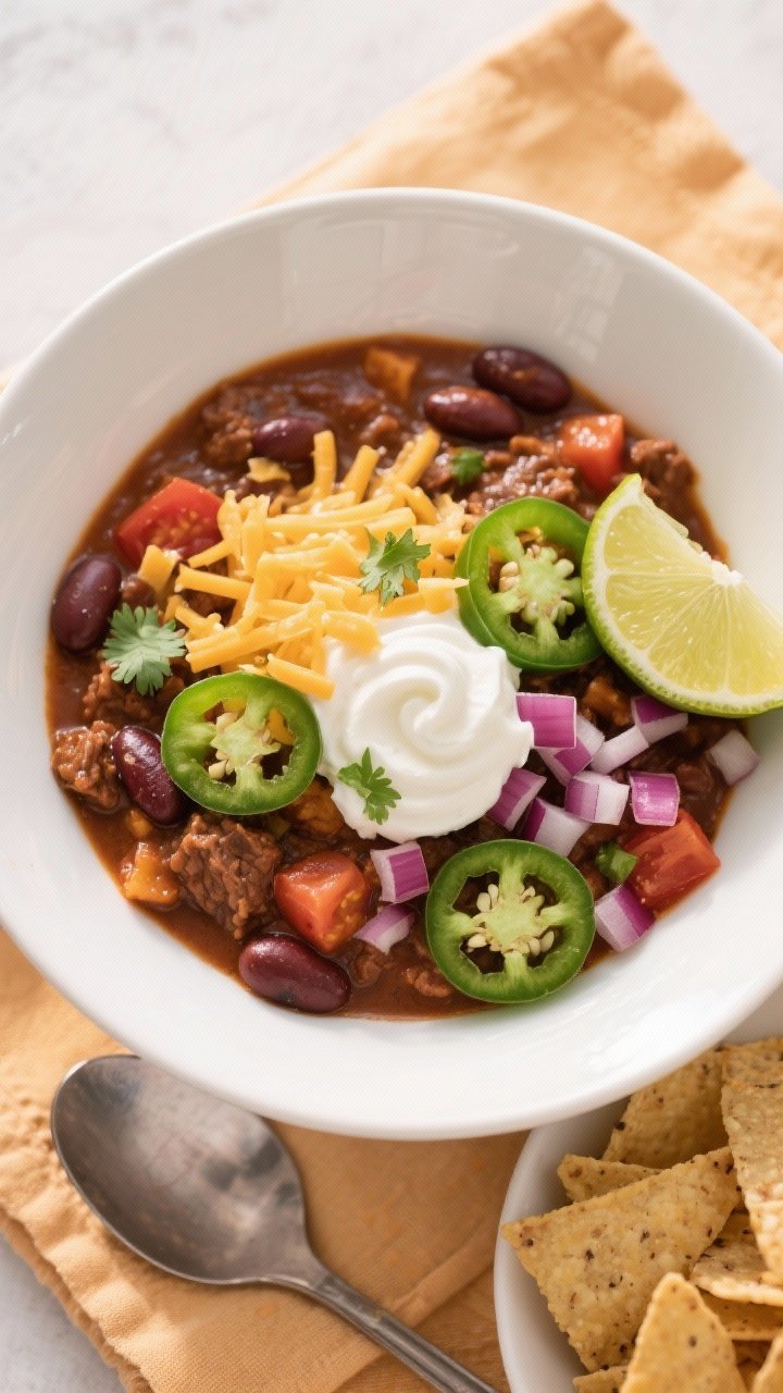 Tasty top view: Overhead shot of a hearty bowl of crockpot beef chili in a wide white ceramic bowl, 