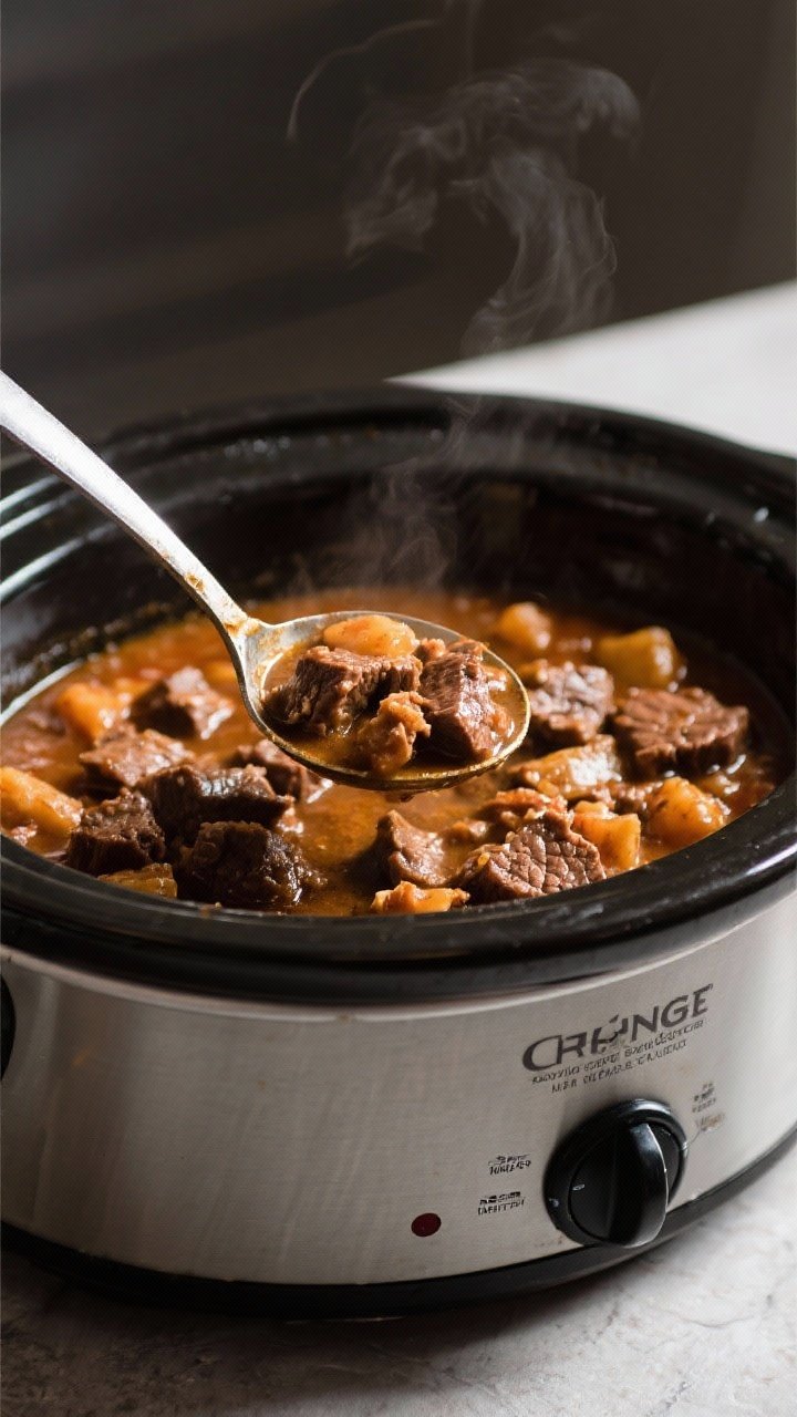 Tasty top view: Overhead shot of a ladle hovering over the slow cooker, scooping hearty beef stew—