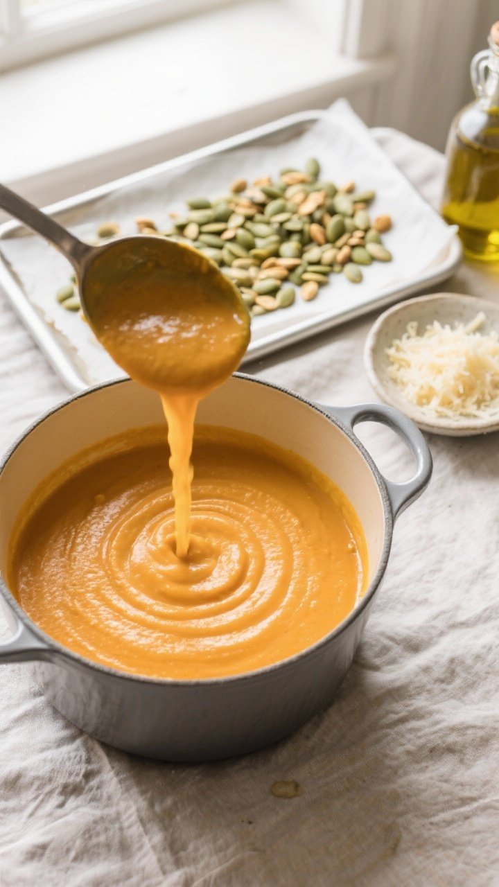 Tasty top view: Overhead shot of a ladle hovering above the pot pouring the blended pumpkin soup bac