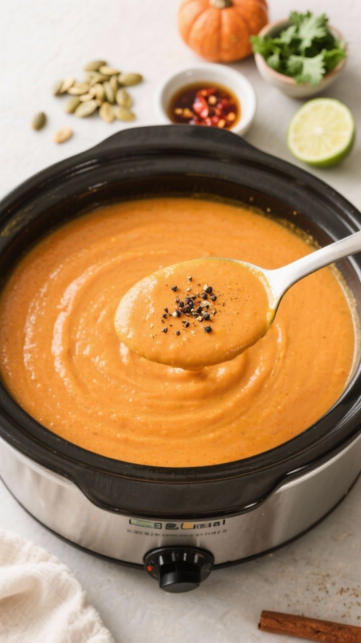 Tasty top view: Overhead shot of a ladle lifting creamy sweet potato soup from the slow cooker, show