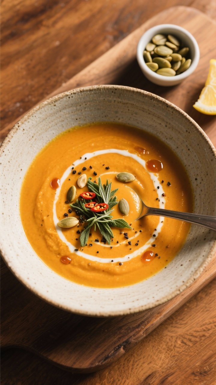 Tasty top view: Overhead shot of a ladled bowl of Spiced Pumpkin Soup, vibrant deep-orange surface w