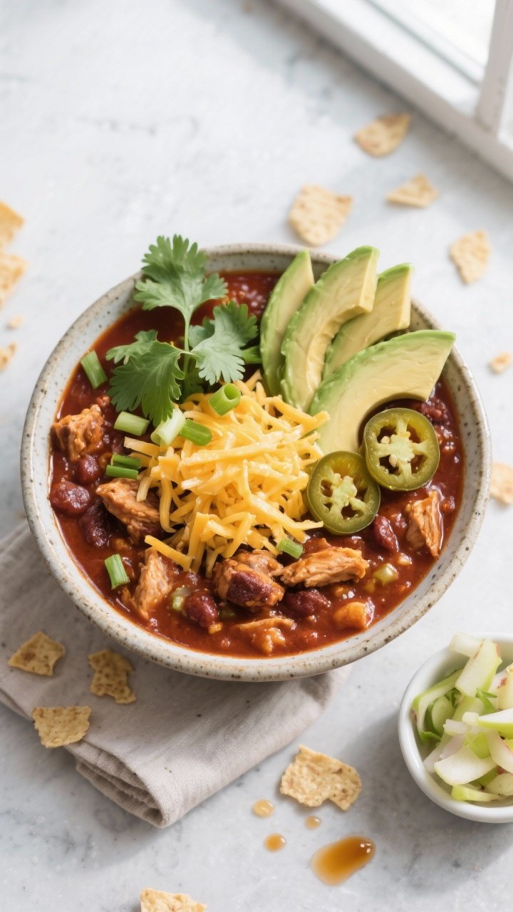 Tasty top view: Overhead shot of a loaded bowl of BBQ chicken chili, richly garnet in color, topped 