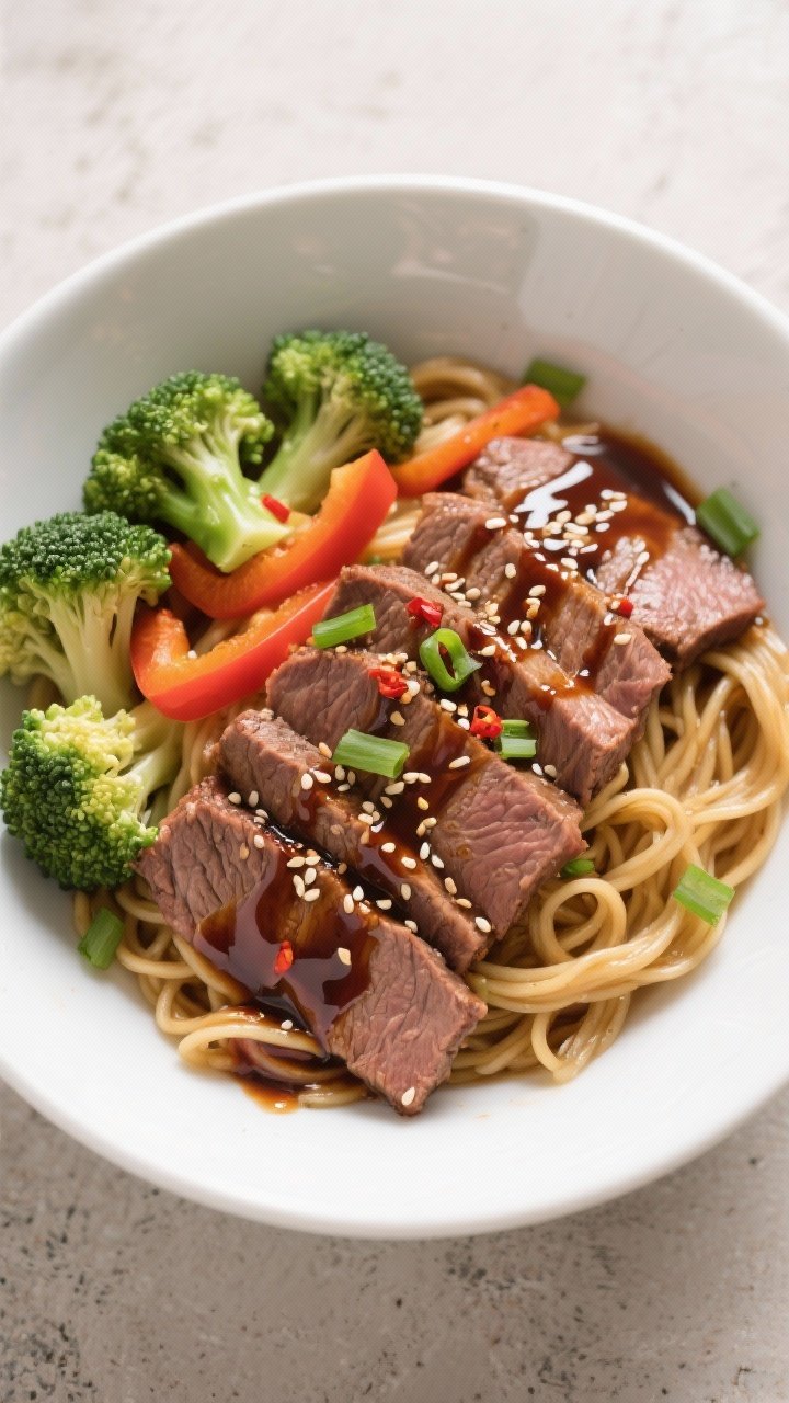 Tasty top view: Overhead shot of a noodle bowl topped with thick-sliced teriyaki beef (sliceable cut