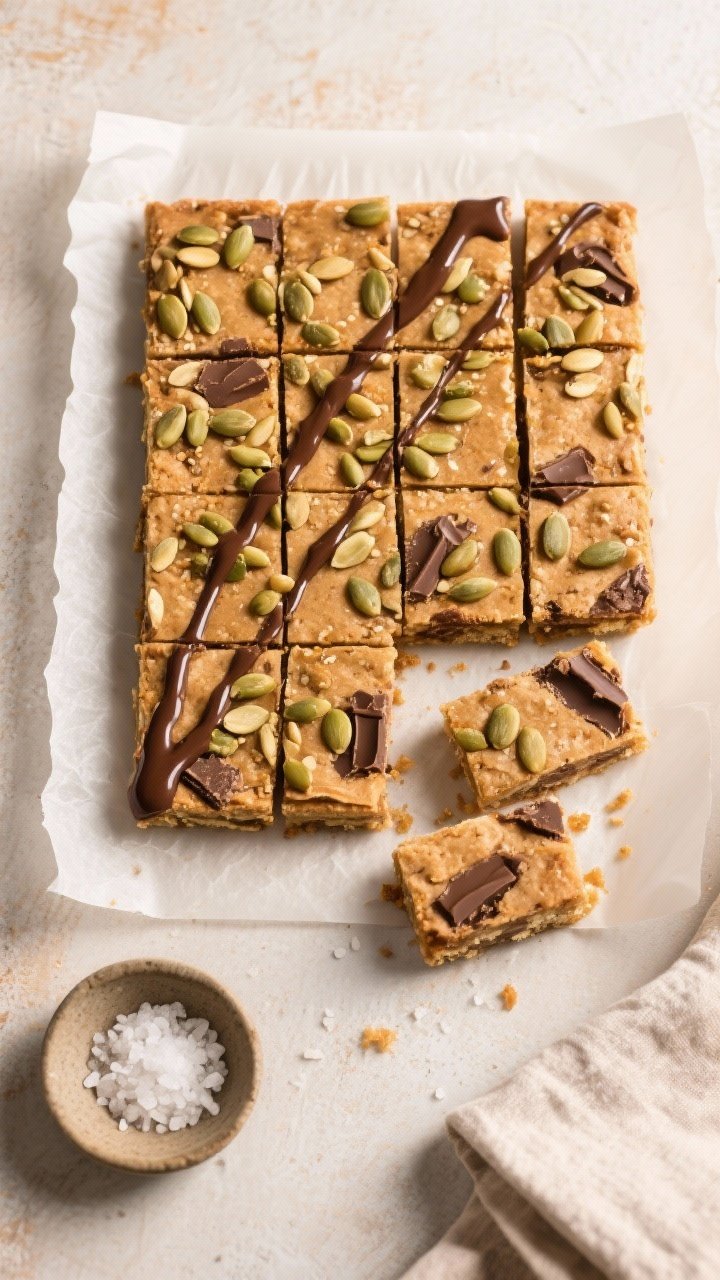 Tasty top view: Overhead shot of an 8x8 slab lifted onto parchment and cut into 12 even bars; a few 