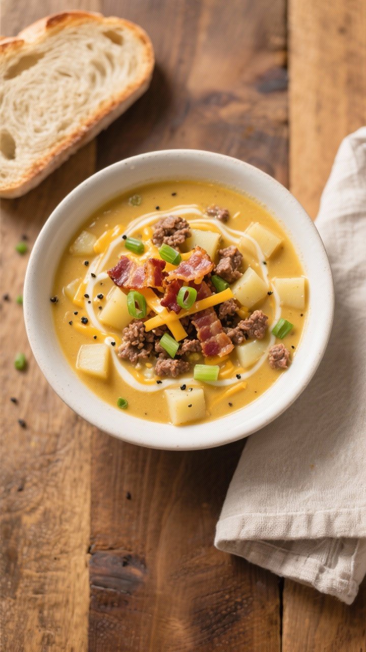 Tasty top view: Overhead shot of Bacon Hamburger Potato Soup in a wide, matte-white bowl—creamy go