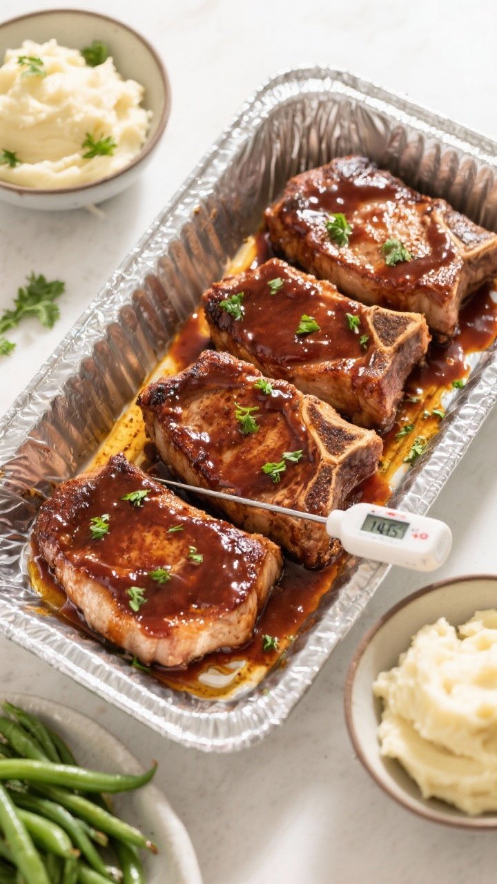 Tasty top view: Overhead shot of four 1-inch-thick BBQ pork chops resting in a foil-lined baking dis