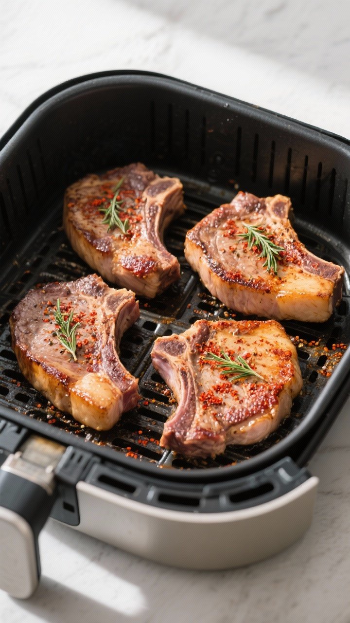 Tasty top view: Overhead shot of four evenly spaced pork chops arranged in a single layer in the pre