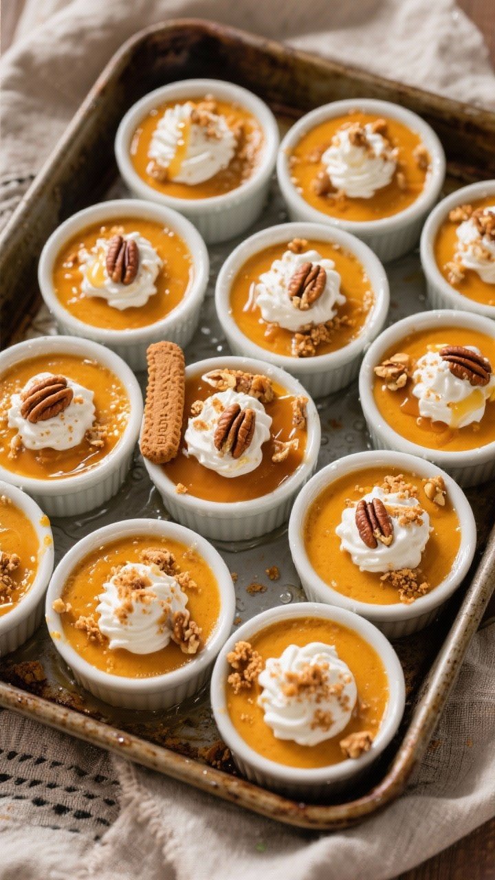 Tasty top view: Overhead shot of multiple chilled pumpkin custards arranged in a roasting pan, water