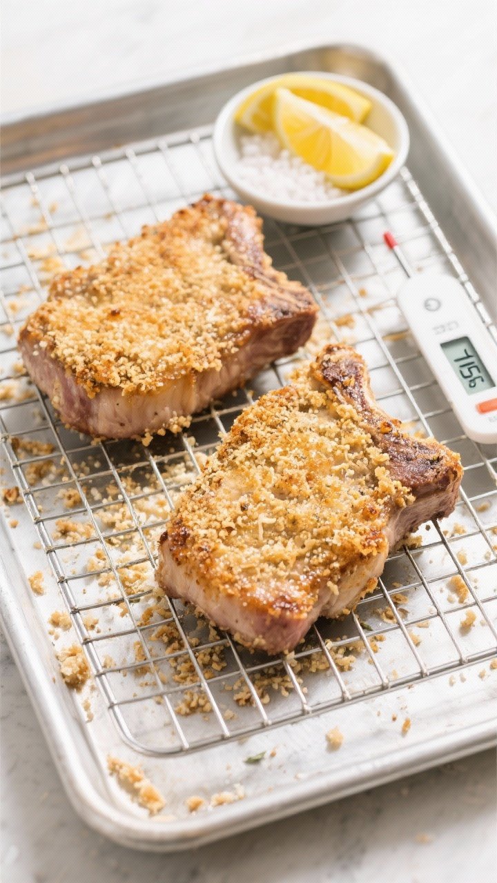Tasty top view: Overhead shot of Parmesan crusted pork chops resting on a wire rack over a sheet pan