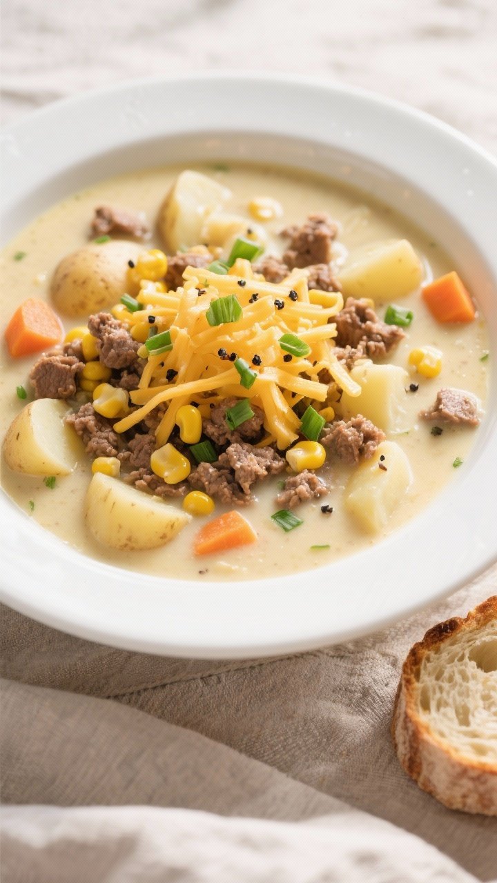 Tasty top view: Overhead shot of Ranch Hamburger Potato Soup in a wide, shallow white bowl, showcasi