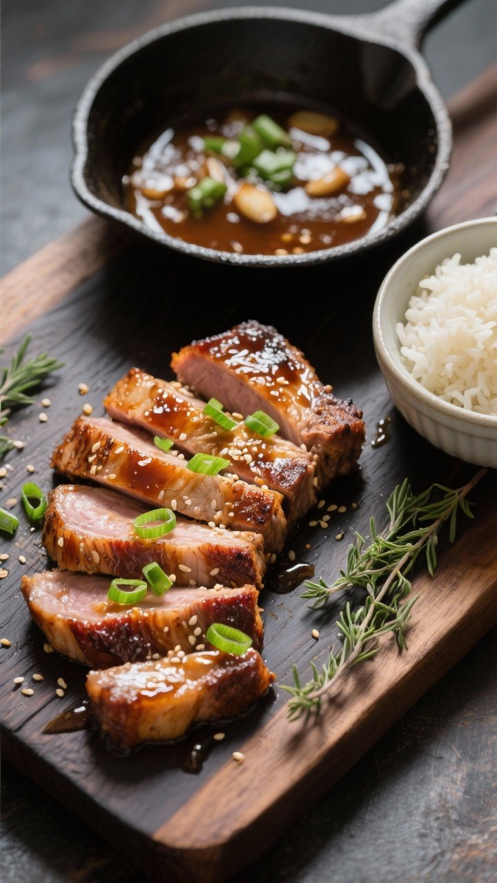 Tasty top view: Overhead shot of sliced honey garlic pork chops arranged in a slight fan to reveal j
