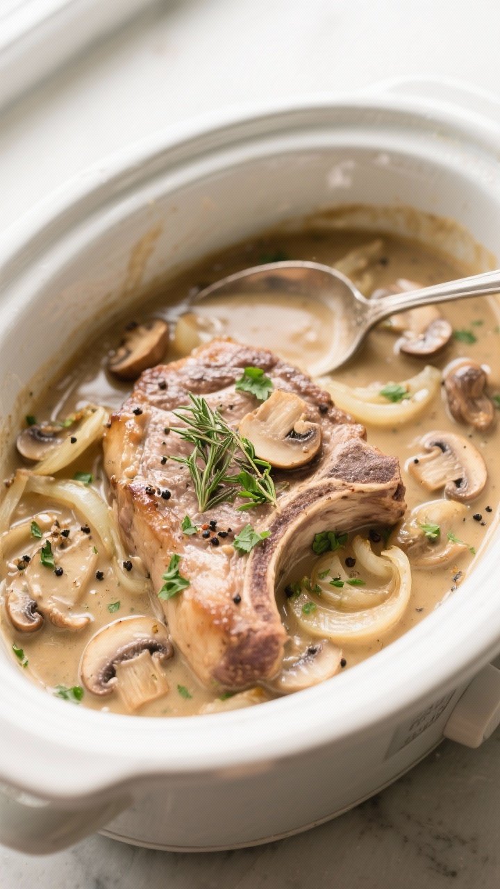 Tasty top view: Overhead shot of slow cooker pork chops nestled in creamy mushroom-thyme gravy, tend
