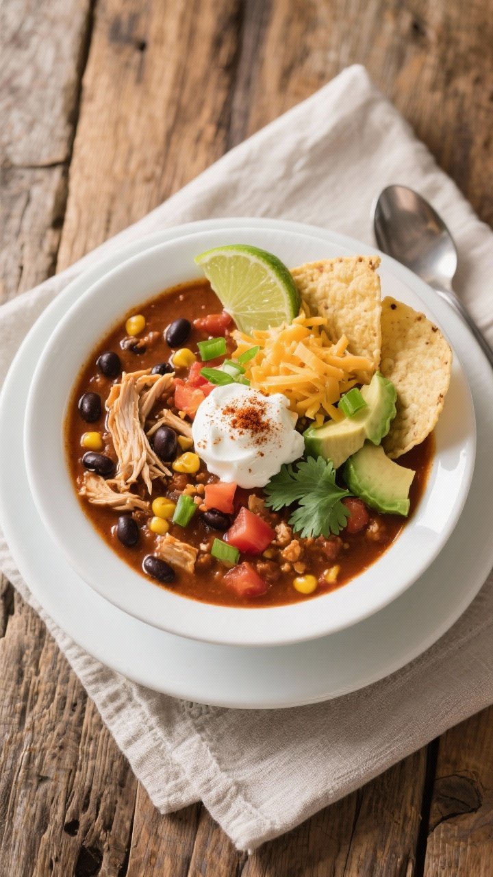 Tasty top view — Overhead shot of Spicy Chipotle Chicken Chili ladled into a white, wide-rimmed bo