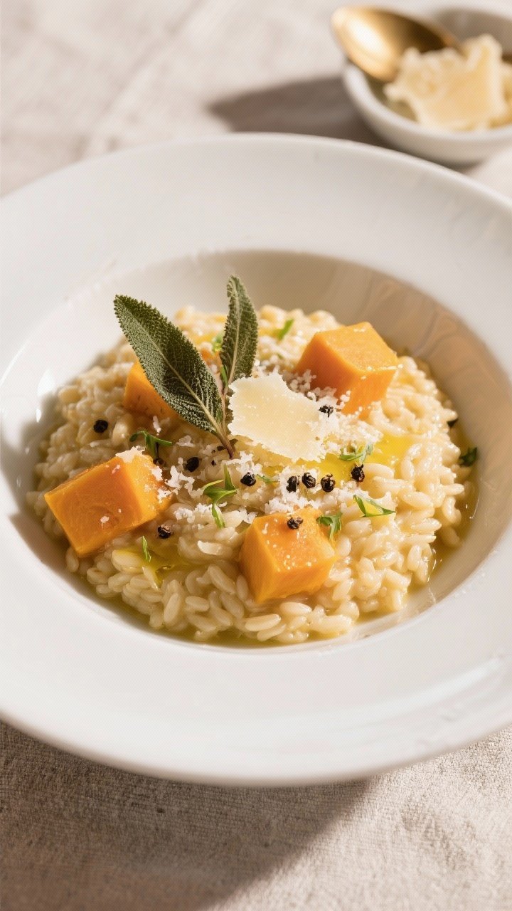 Tasty top view: Overhead shot of the finished butternut squash risotto in a low, wide white bowl, ri