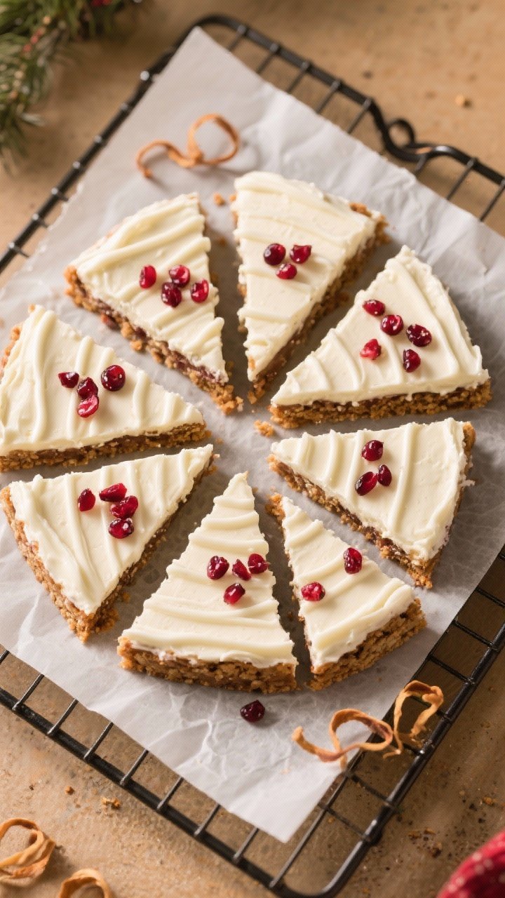 Tasty top view: Overhead shot of the finished cranberry bliss bars cut into neat triangles, cream ch