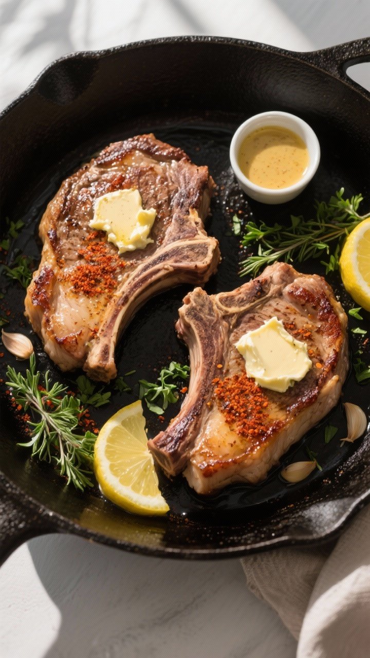 Tasty top view: Overhead shot of two bone-in pork chops resting on a dark skillet, evenly seared wit