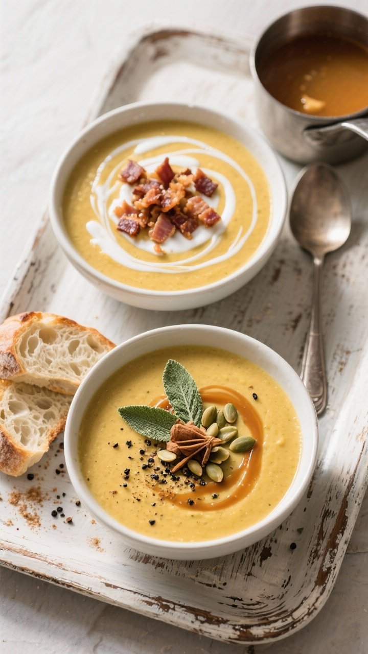 Tasty top view: Overhead shot of two bowls of the finished soup on a rustic tray, showing contrastin