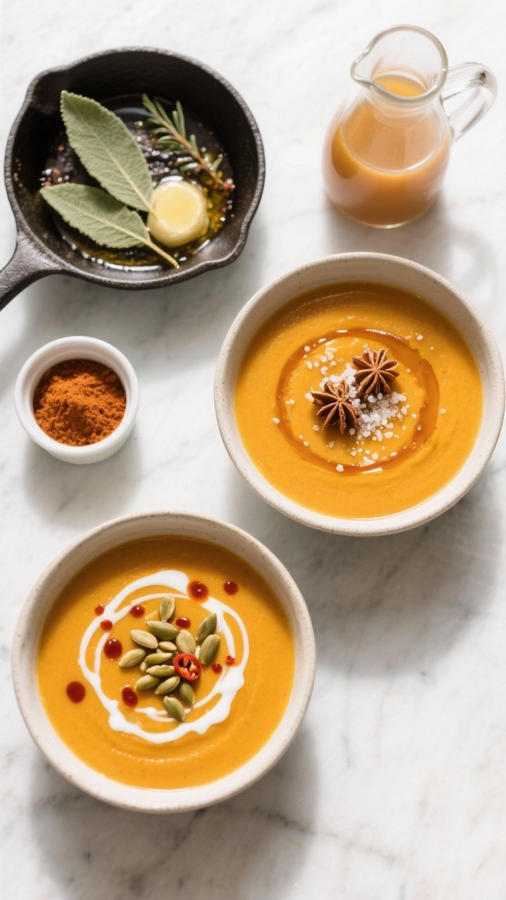 Tasty top view: Overhead shot of two bowls of the finished soup showing contrasting garnishes—one 