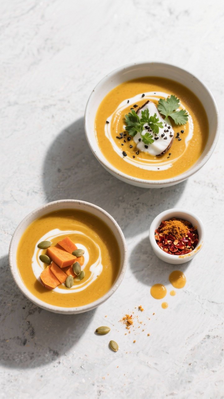 Tasty top view, overhead styling: Overhead shot of two bowls of Curried Sweet Potato and Carrot Soup