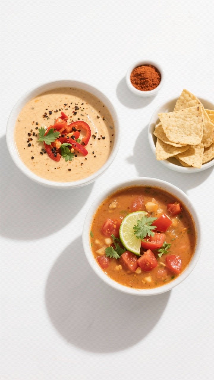 Tasty top-view overhead: Top-down shot of two bowls of the soup showcasing contrasting textures—on