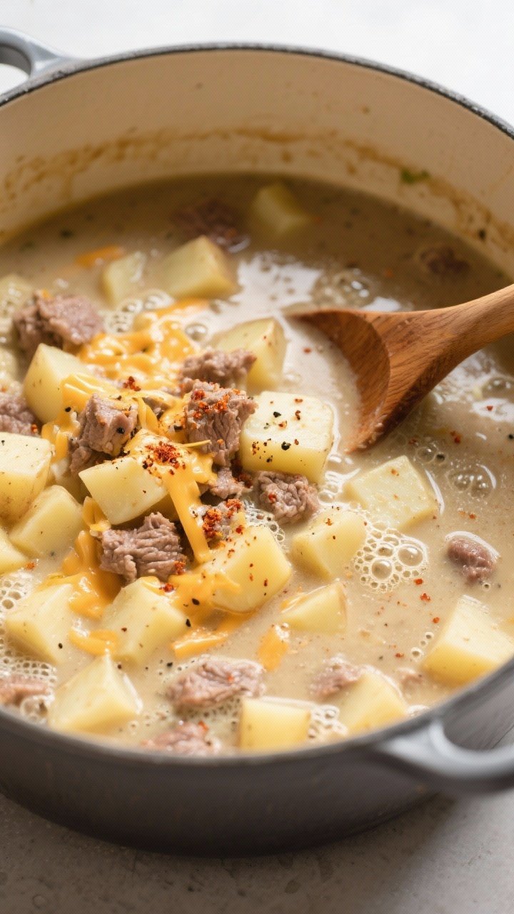 Tasty top view – Simmering stage with potatoes and seasoning: Overhead shot of cheesy hamburger po