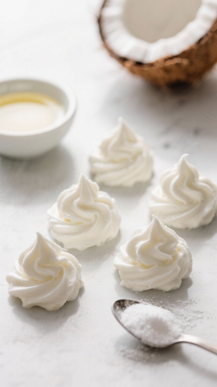 5 tablespoon mounds showing smooth peaks and subtle ridges from the scoop; a small bowl of powdered 