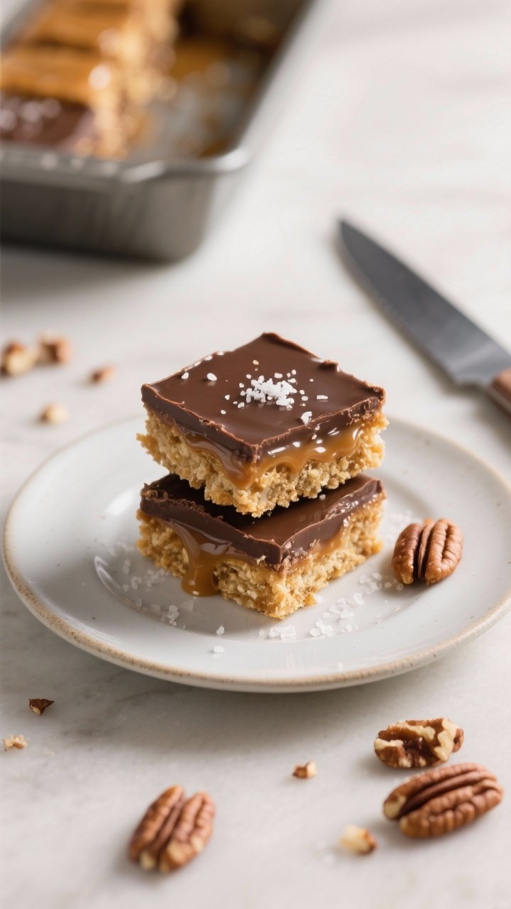 Beauty plate shot: A small dessert plate with two stacked Keto Salted Caramel Bars, chocolate layer 