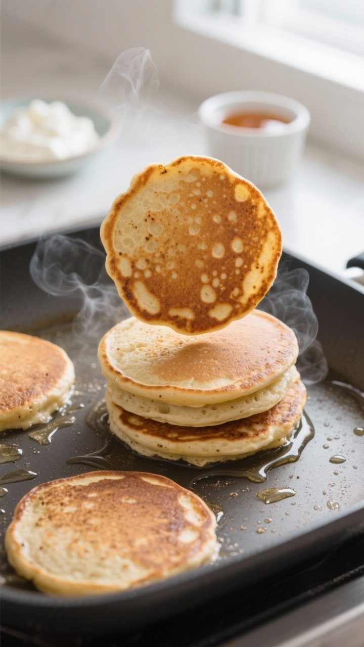 Close-up cooking process: A stack of three banana protein pancakes mid-cook on a nonstick griddle, o