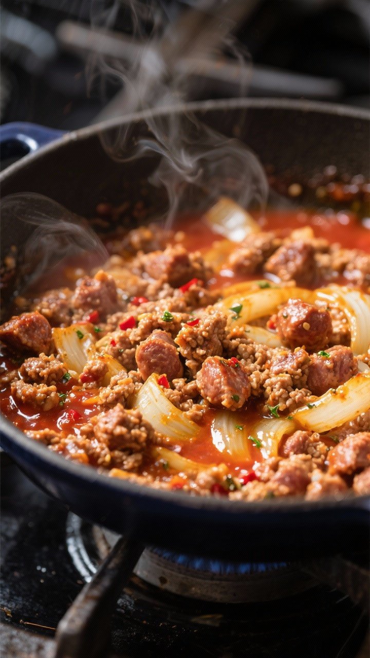 Close-up cooking process: Crumbled Italian sausage browning and caramelizing in a Dutch oven with st