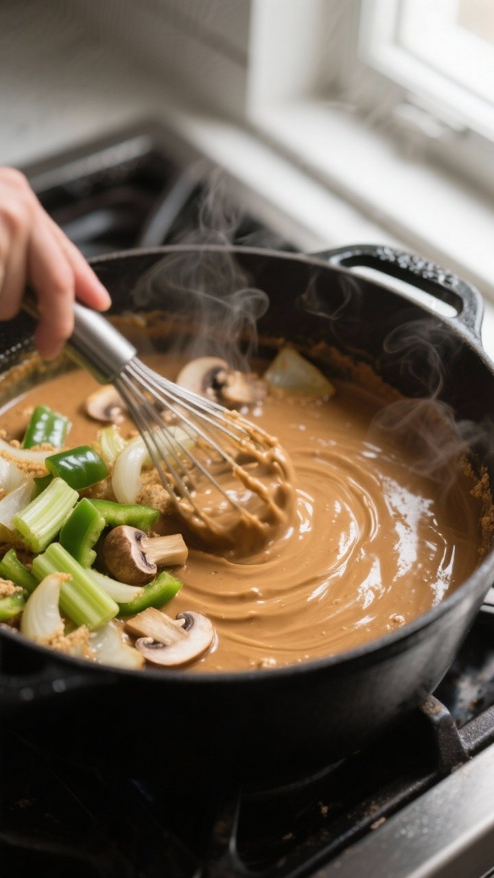 Close-up cooking process shot: A deep peanut-butter–brown vegan roux in a matte black Dutch oven, 